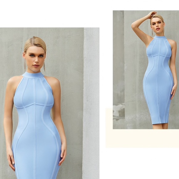 NEW! DESIGNER COUTURE LIGHT BLUE HALTER BANDAGE DRESS HIGH NECK TAILORED DRESS - Picture 5 of 11